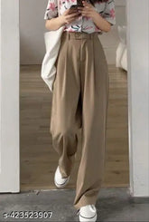 Elegant high-waisted beige trousers, premium Lycra fabric, versatile style for work, casual, or evening. Wide-leg fit, pleated front, functional pockets, suitable for various tops and accessories